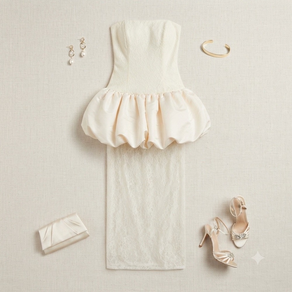 PrettyLittleThing Maxi Dress 6 Cream Puff Ball Lace Strapless Gown Bride Wedding